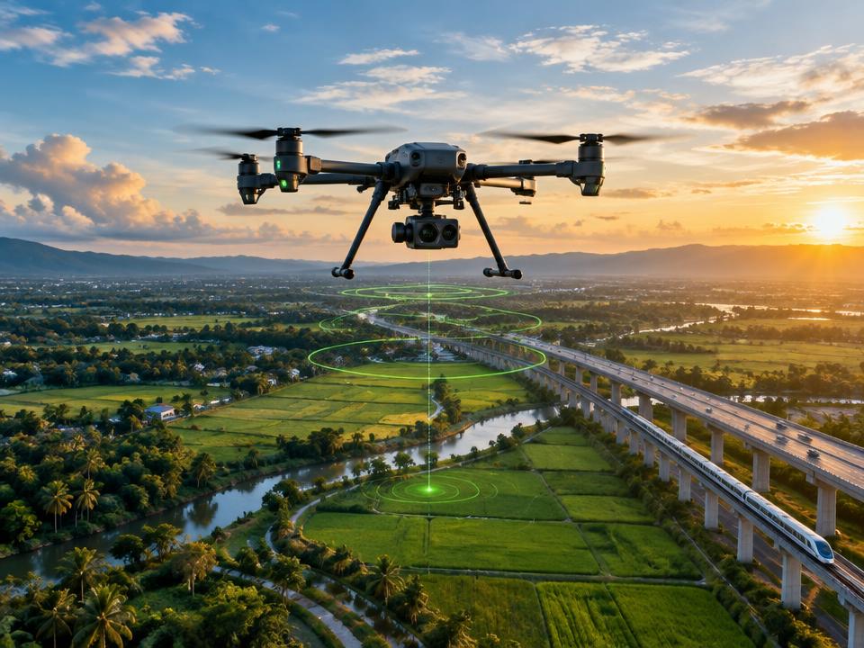 Drone above a landscape and infrastructure