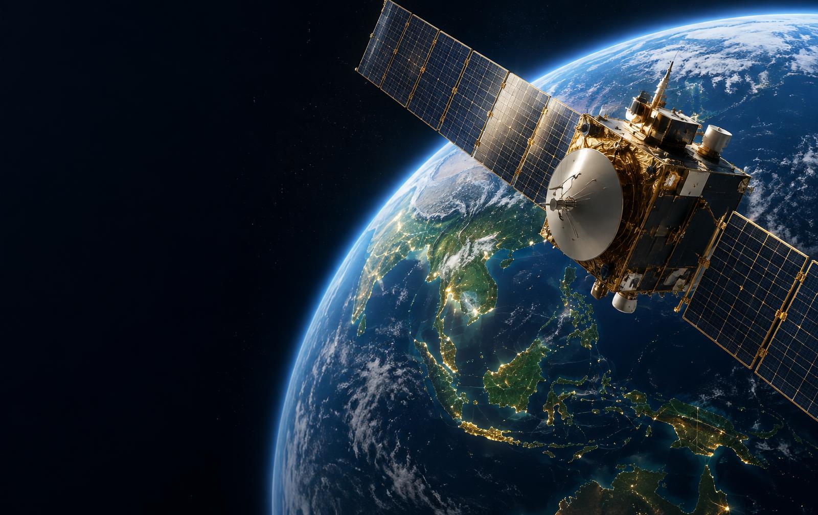 Navigation satellite in orbit above Southeast Asia