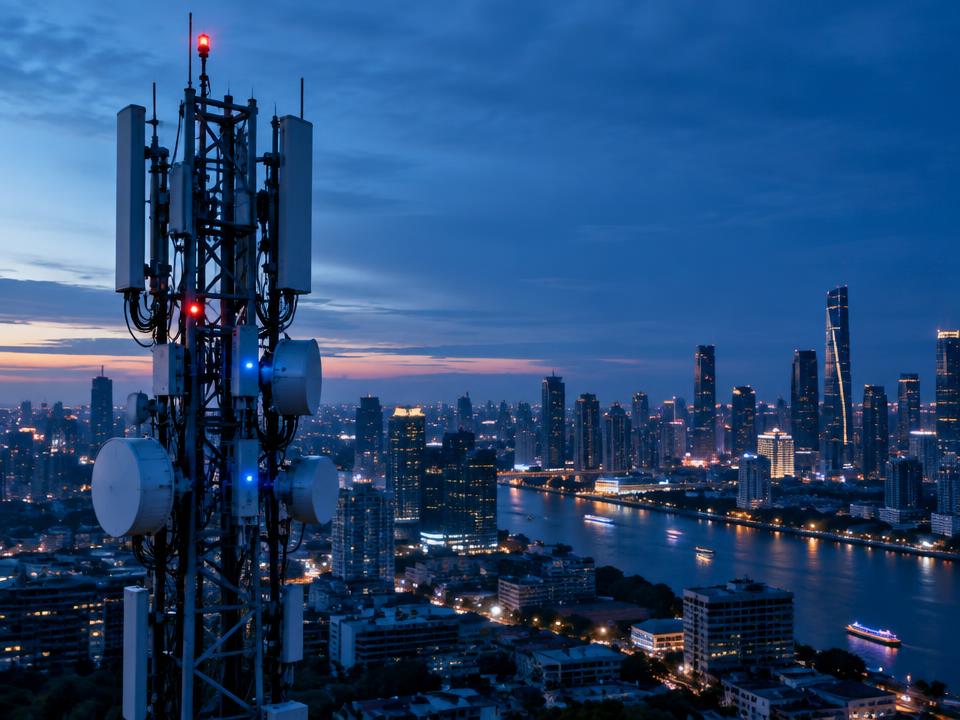 Telecommunications antenna tower overlooking a city at twilight