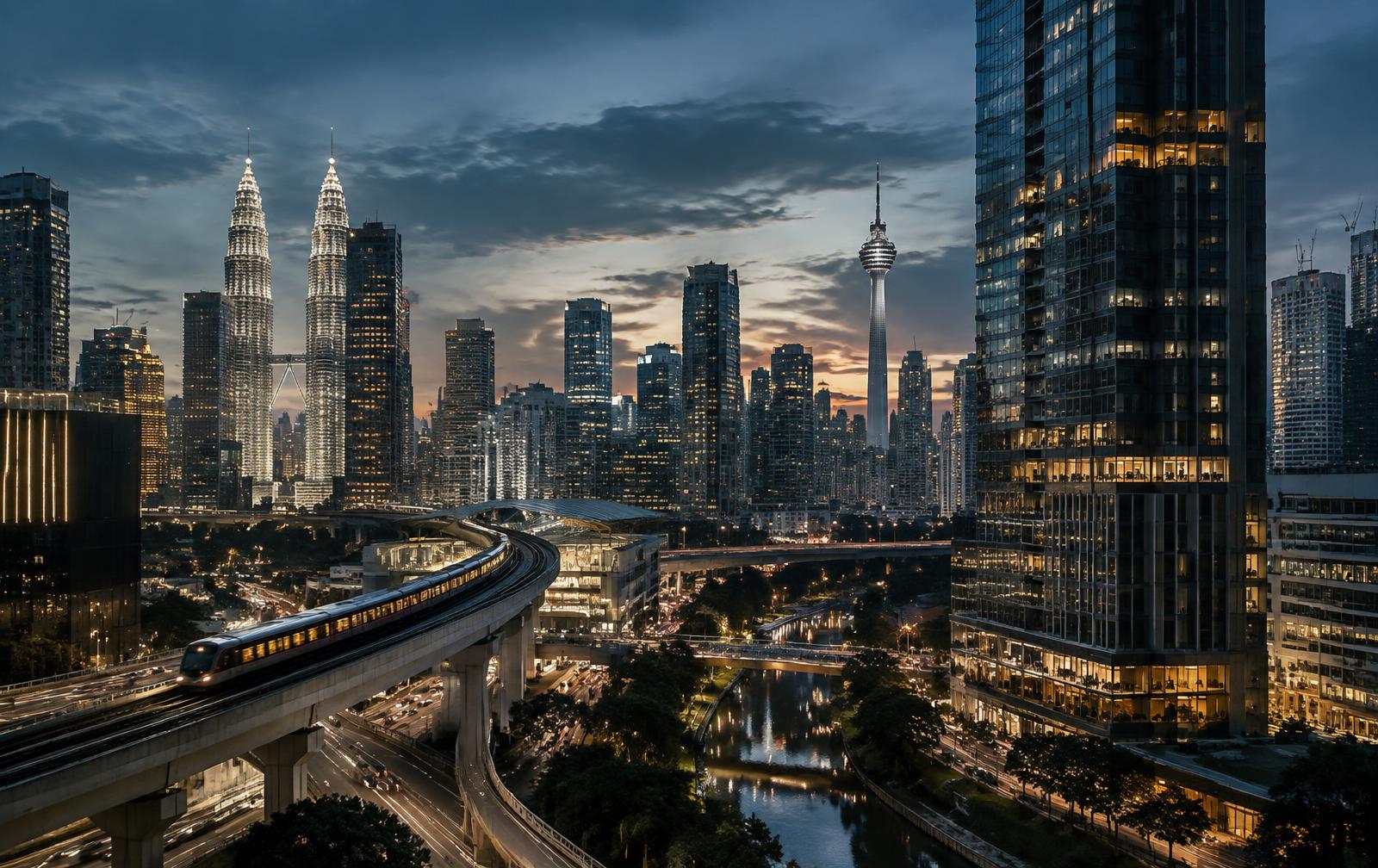 Kuala Lumpur skyline and city infrastructure at dusk